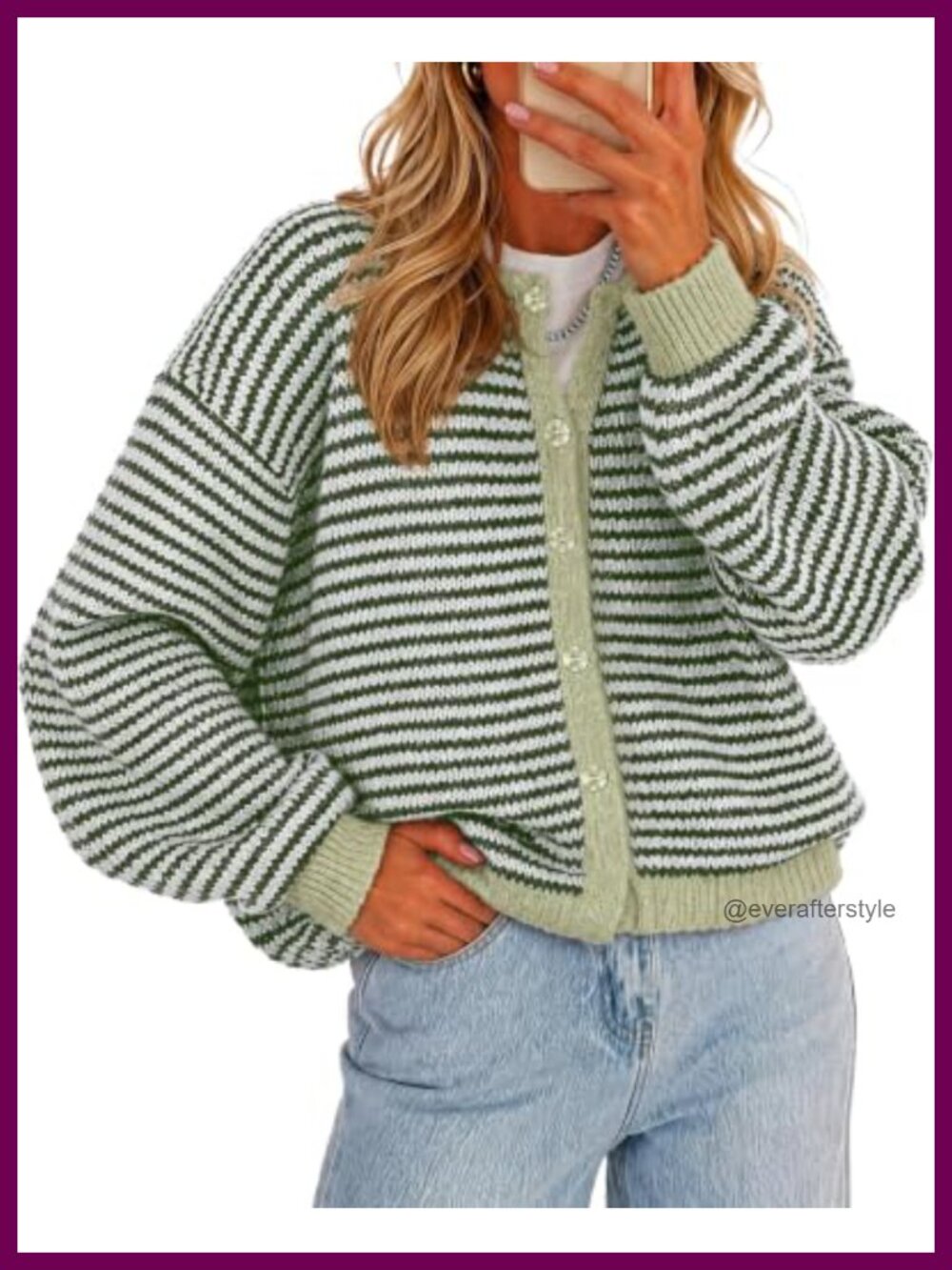 Striped Button Up Cardigan Long Sleeve Cropped Knit Sweater for Women
